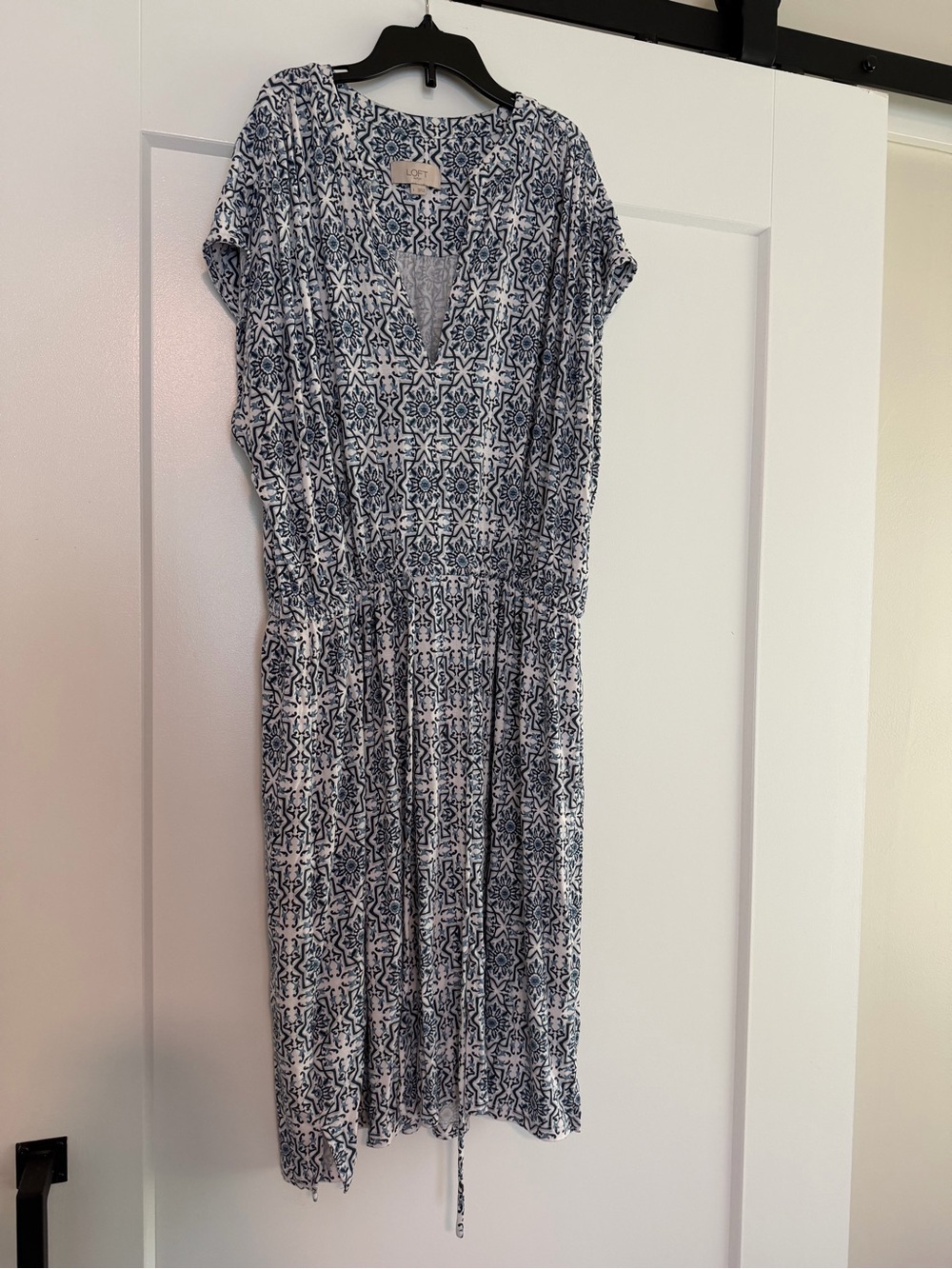 LOFT Navy & White Printed Cap-Sleeve Mini Dress - Picture 2 of 4